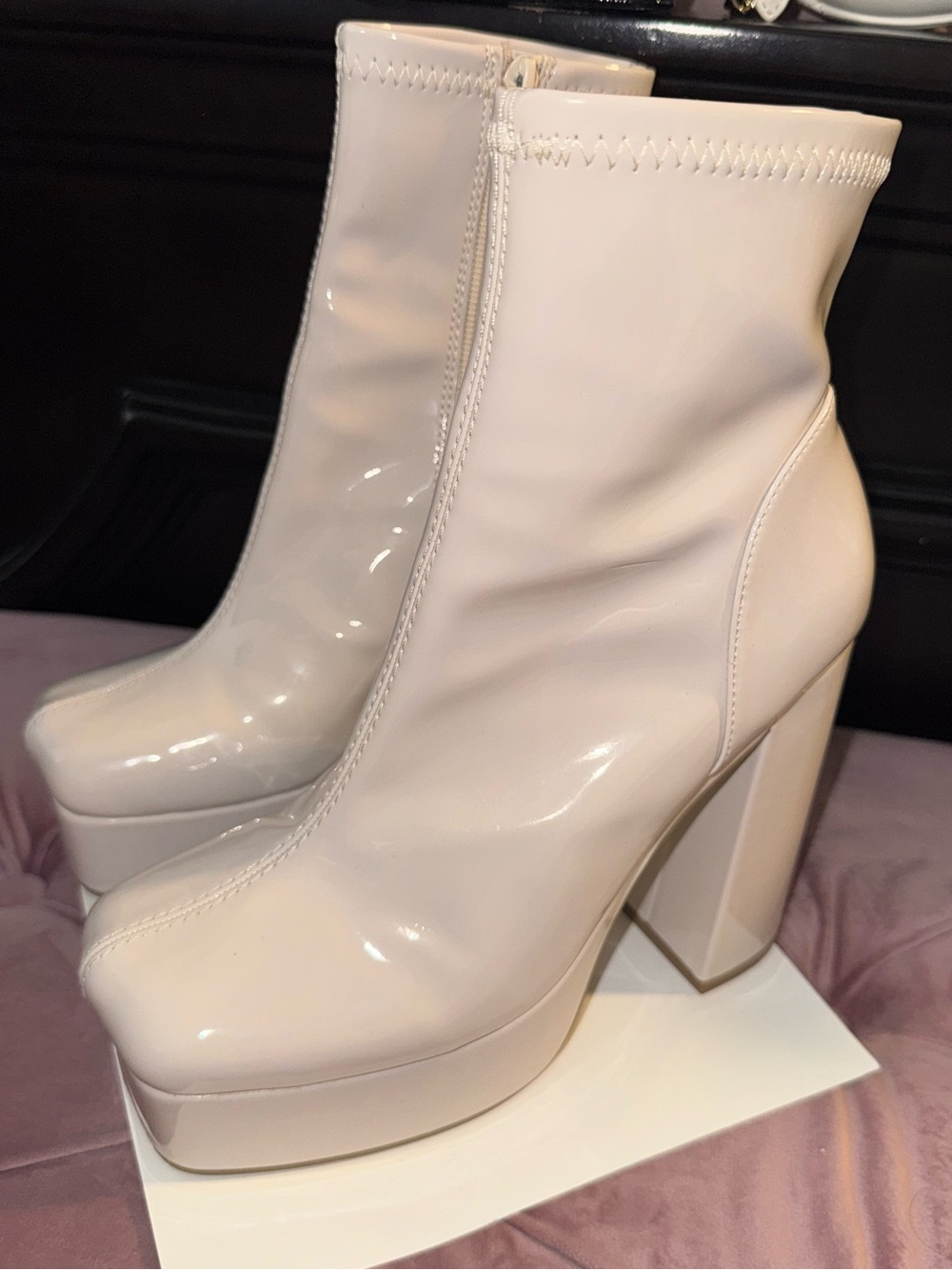 Steve Madden Cream Patent Block Heel Square Toe Ankle Boots